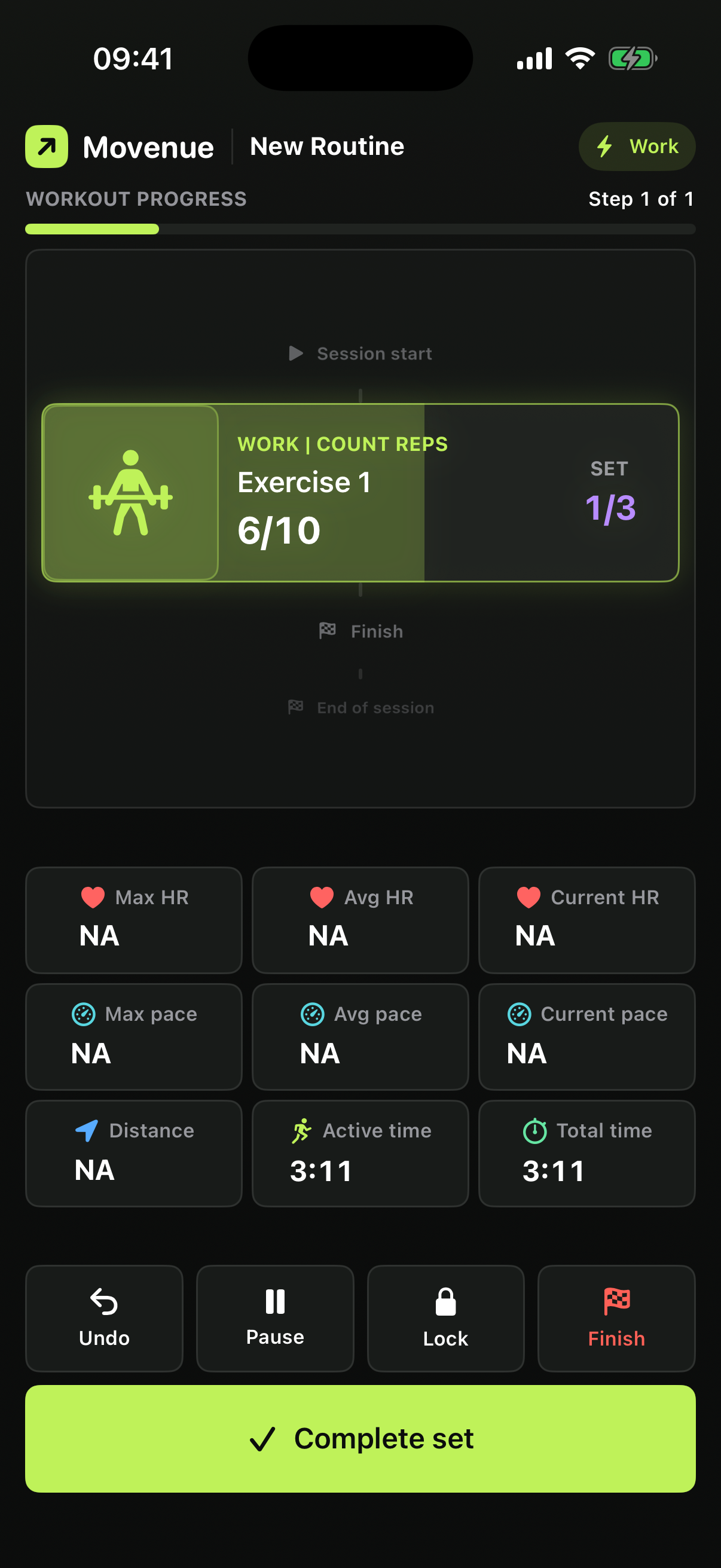 Movenue active workout coach showing a structured counter exercise