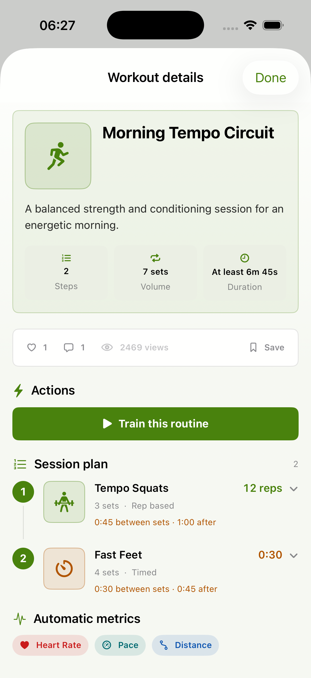 Movenue routine detail showing a structured session plan