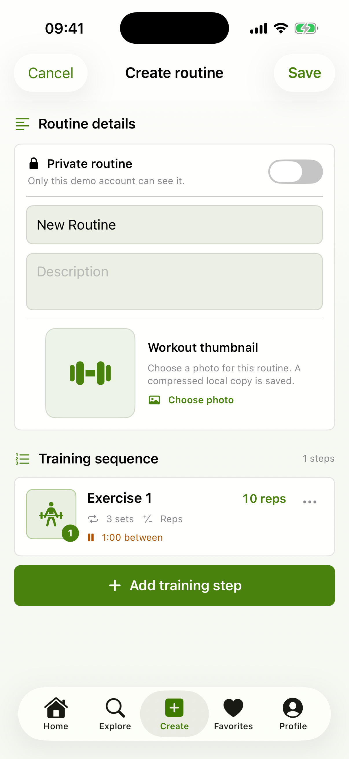 Movenue manual routine editor with structured exercise settings